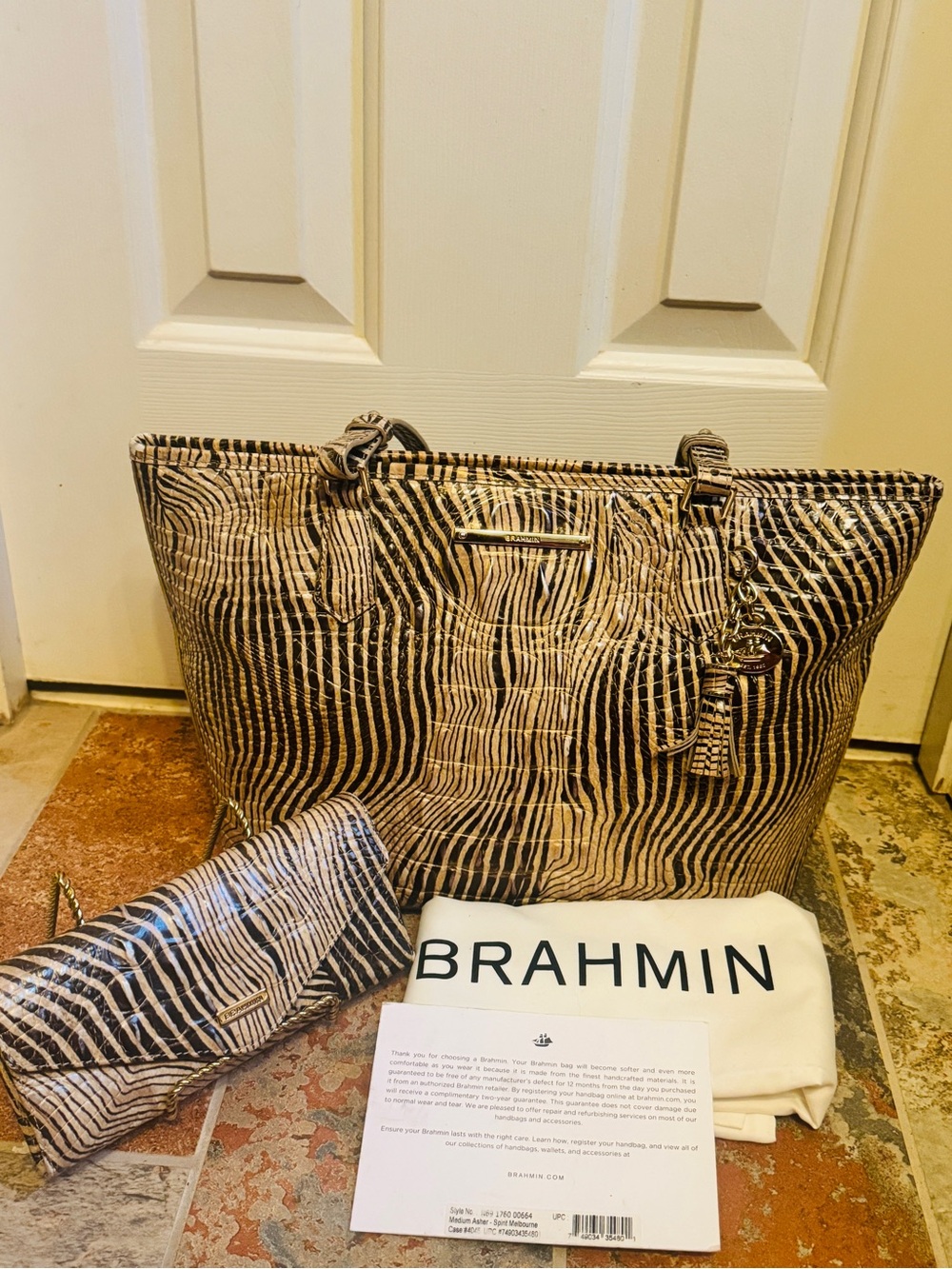 Brahmin “Spirit” Melbourne Black&Beige ZebraPrint Croc Embossed Leather Tote!
